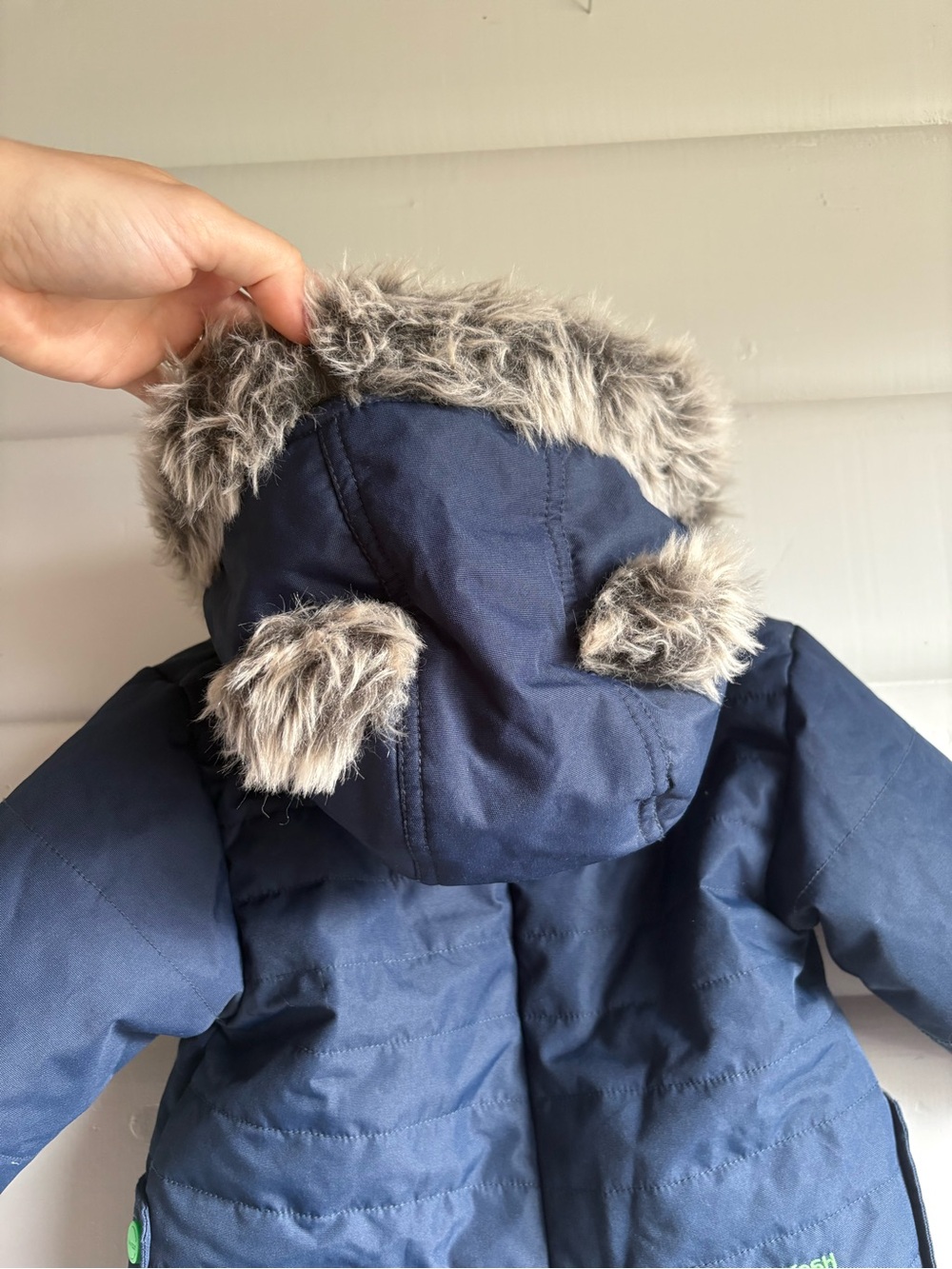 OshKosh 12M Bear Ear Hooded Navy Green Fleece-Lined Winter Snowsuit Fur Hood - Picture 4 of 7